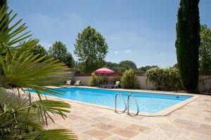 a swimming pool in a backyard with a palm tree at Cottage à la Jinolié in Damiatte