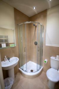 a bathroom with a shower, toilet, and sink at Palmerston Suites in Edinburgh