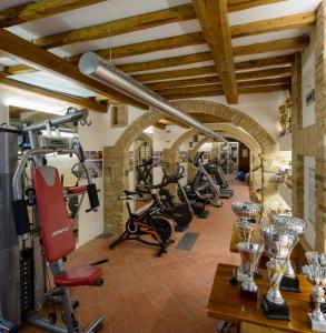 a gym with a row of treadmills and exercise bikes at Hotel Sovestro in San Gimignano