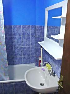 een blauwe badkamer met een wastafel en een spiegel bij Stan na dan Foča in Foča