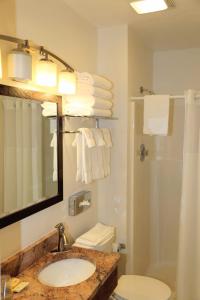 a bathroom with a sink and a toilet and a shower at The Riverside Ranch Motel and RV Park Southern Utah in Hatch +94 photos