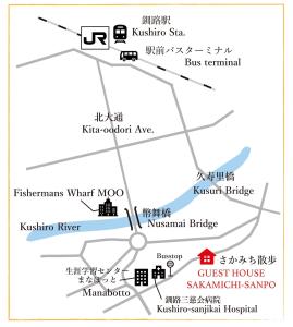 un mapa del emplazamiento del observatorio de Kiryatma en Guesthouse Sakamichi Sampo en Kushiro