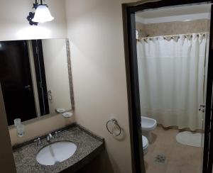 uma casa de banho com um lavatório, um WC e um espelho. em Departamento zona céntrica (Caseros) em Salta