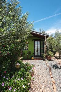 a small green house with a yard with flowers at Posada San Antonio in Valle de Guadalupe
