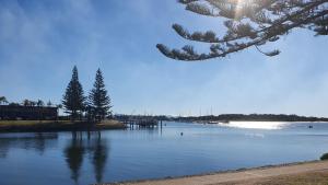 a view of a lake with trees and a dock at Play@PortMacq in Port Macquarie +2 photos