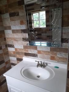 a bathroom with a white sink and a mirror at Griffiths Home in White Hill