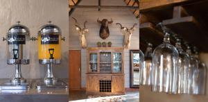 two pictures of a wine tasting room with bottles and trophies at Malilule Safaris in Hoedspruit