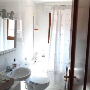 里亞薩的住宿－Pequeño y Coqueto Piso en Riaza，浴室配有卫生间、盥洗盆和淋浴。