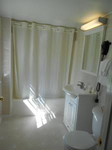 a bathroom with a white shower curtain and a sink at Stonybrook Motel & Lodge in Franconia +57 photos