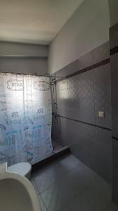 a bathroom with a toilet and a shower curtain at Herme's 2 Gerakas-Athens in Athens
