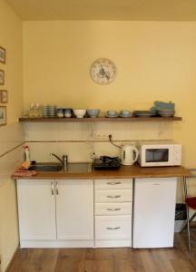 a kitchen with a counter with a microwave and a clock at Apartmán Turista in Pavčina Lehota