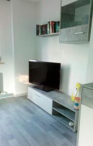 a living room with a large flat screen tv at Kleines Apartement zwischen Ega und Messe Erfurt in Erfurt