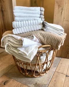 una cesta llena de mantas y toallas en la parte superior en Summer House Bovec, en Bovec