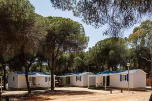 una fila de edificios blancos con árboles en el fondo en Camping Giralda, en Huelva