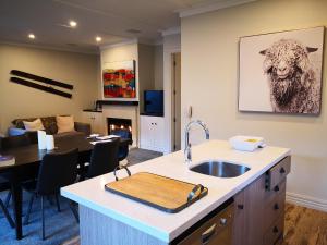 a kitchen with a sink and a living room at Cardrona Holiday Villa in Cardrona