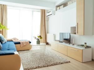 un soggiorno con divano blu e TV di Comfy Apartment Matei Basarab a Bucarest