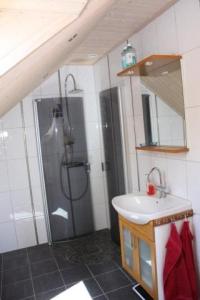 y baño con lavabo y ducha. en Apartment in the countryside in Tossene Hunnebostrand, en Hunnebostrand