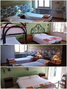 two different pictures of a bedroom with two beds at Ostello delle cartiere in Toscolano Maderno