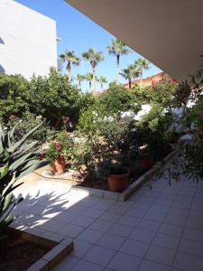 a garden area with plants and a patio at Kalliopi Studios - Apartments in Kato Daratso