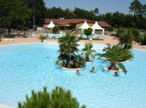 a large swimming pool with palm trees and people in it at Mobil Home La Teste - Arcachon - Domaine de La Forge -Parcelle arborée, terrasse couverte, clim, plancha - 3ch, 2sdb in La Teste-de-Buch