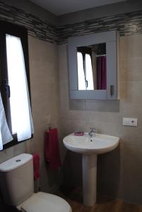 La salle de bains est pourvue d'un lavabo, de toilettes et d'un miroir. dans l'établissement Casa Isabel, à Zuheros