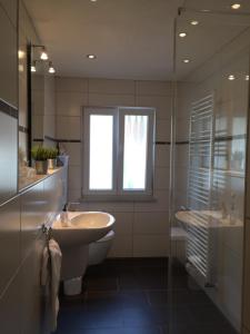 een badkamer met een wastafel, een toilet en een raam bij Ferienhaus im Nürburgring in Herschbroich