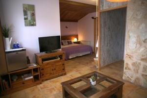 a living room with a bed and a television at Casa Rural Baltasar in Aliaguilla