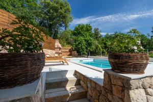 a backyard with a pool and two baskets of plants at Stone Villa Katarina with pool in Klimno