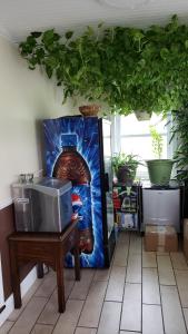 um frigorífico com uma pintura ao lado em Sara Glen Motel - Saratoga Springs-Glens Falls em Saratoga Springs