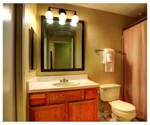 un bagno con lavandino, water e specchio di The Reside Fully Furnished Condos - Medical Stays Welcome a Houston Altre 30 foto