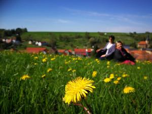 two people sitting in a field of flowers at Victoria in Bagdatʼi