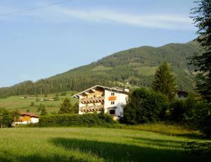 dom w środku zielonego pola w obiekcie Casa Montana w mieście Niedernsill