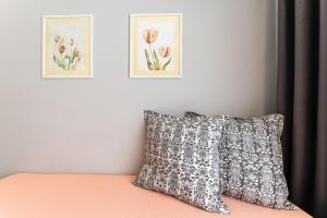 a bed with a pillow and two pictures on the wall at Lofos Apartments in Nea Peramos