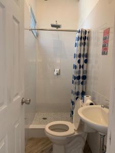 a bathroom with a toilet and a sink and a shower at Palmira Hostel in Tegucigalpa