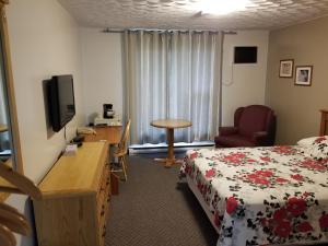 Habitación de hotel con cama, escritorio y TV. en Knights Inn Woodstock, en Woodstock