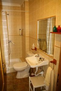 een badkamer met een toilet, een wastafel en een douche bij Ninho do Melro - Turismo Rural Bragança in Bragança