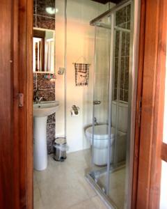 La salle de bains est pourvue d'une douche, de toilettes et d'un lavabo. dans l'établissement Badeli Konak Safranbolu, à Safranbolu