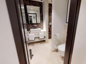 La salle de bains est pourvue de toilettes, d'un lavabo et d'un miroir. dans l'établissement White Pearl Apartment 0.14, à Timmendorfer Strand