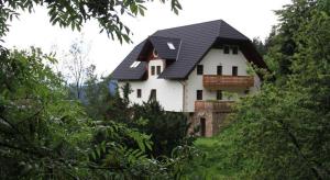 ein großes weißes Haus mit schwarzem Dach in der Unterkunft Farmstay Hiša Pečovnik in Luče