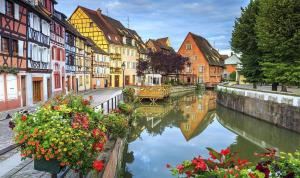 een kanaal in een stad met huizen en bloemen bij Appartement grand standing VAUBAN 10 Personnes centre historique de Colmar in Colmar