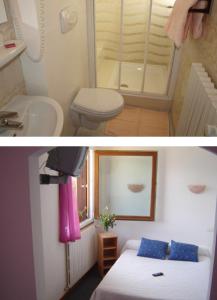 a bathroom with a toilet a sink and a bathroom with a bed at La bagatelle in Saint-Michel-de-Chaillol