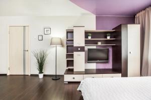 トリヤッチにあるNeptune Bath Apartment SUTKI LIFEのベッドルーム1室(ベッド1台、棚にテレビ付)