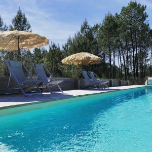 two chairs and umbrellas next to a swimming pool at Chalet 2 chambres en Bois dans les landes n34 in Tosse
