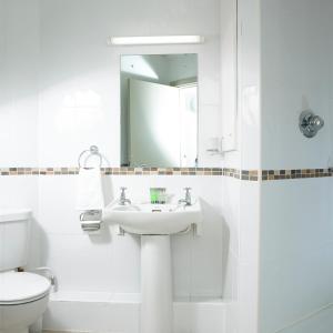 a bathroom with a sink and a toilet and a mirror at Maynooth Campus Apartments in Maynooth