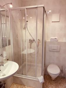 La salle de bains est pourvue d'une douche, de toilettes et d'un lavabo. dans l'établissement Pension Lindenhof, à Grasbrunn