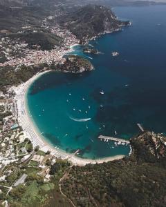 an aerial view of a beach with boats in the water at LICHNOS Babis Taverna & Rooms in Parga