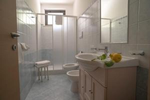 a bathroom with a sink and a toilet and a mirror at B&B Il Giardino di Zefiro in Gioiosa Marea