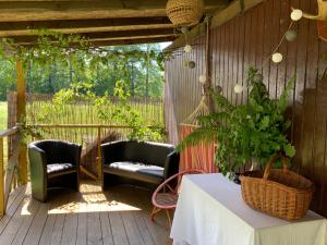 patio z krzesłami, stołem i huśtawką w obiekcie Excelent apartment with garden and free parking w Rydze