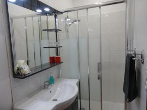 W łazience znajduje się umywalka oraz prysznic z lustrem. w obiekcie Studio Walla Confort Centre w mieście Montbrun-les-Bains