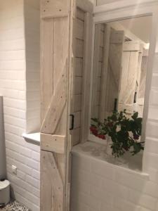 a bathroom with a sliding barn door with a potted plant at Zacisze Trzech Gór- klimatyczne noclegi i restauracja in Jedlina-Zdrój +66 photos